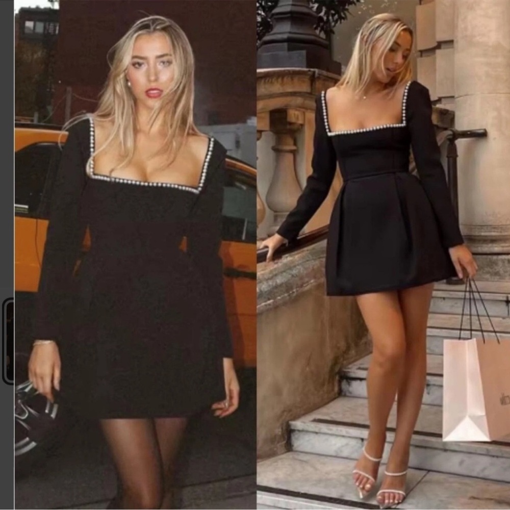 Square-Neck Black Mini Dress with Pearl Trim
